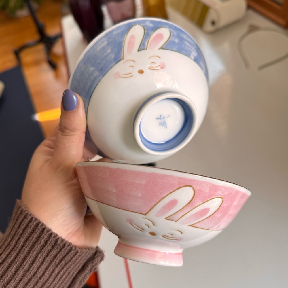 Cute Bunny Ceramic Rice Bowls - Pink & Blue